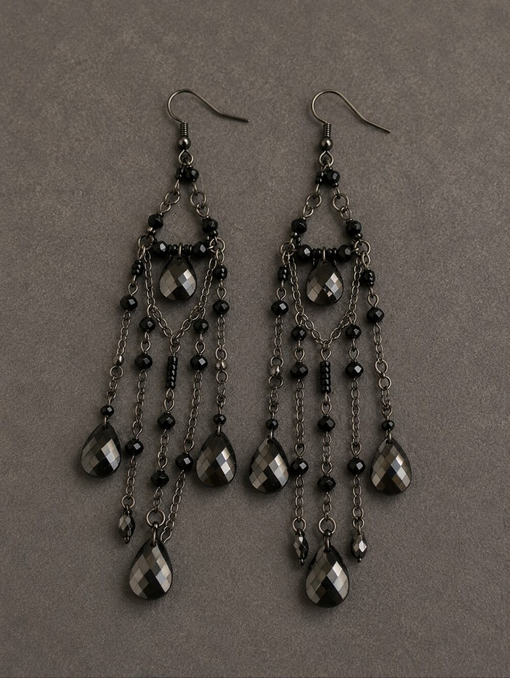 Vtg Gunmetal Black Witchy Gothic Beaded Extra Long Chandalier Earrings